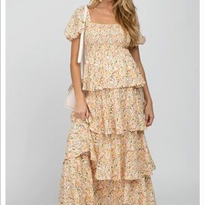 Yellow Floral Square Neck Ruffle Layered Maternity Maxi Dress
